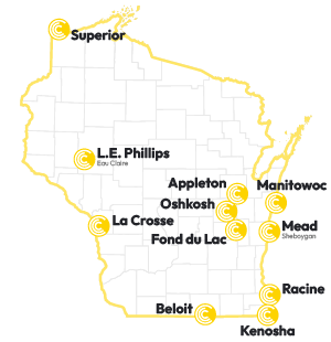 Map of Wisconsin showing the locations of the 11 CLC member libraries